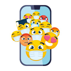 smartphone with emojis wearing medical mask on white background vector illustration design