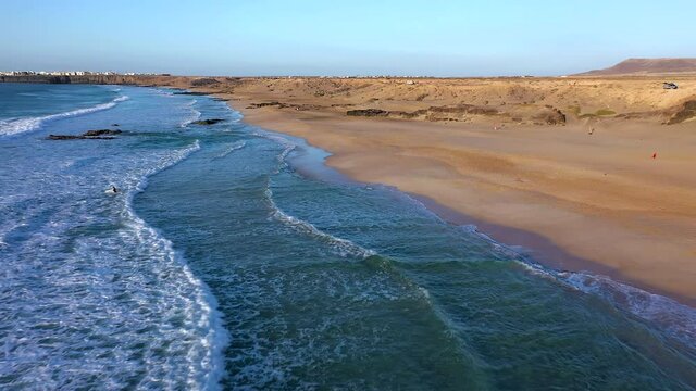 Spain, Canary Islands, Fuerteventura, aerial view of El Cotillo, Playa del Castillo and El Cotillo Kite Beach