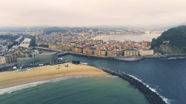 San Sebastian. Aerial view in the coastal city. Basque Country, Spain. Drone Footage