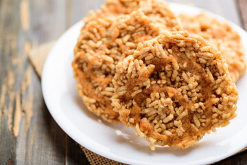 Local Thai snack (Khao Tan), deep fried crispy rice with cane sugar 