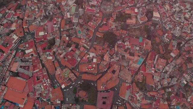 Aerial view of colonial city, top view of taxco in guerrero state, México from above.