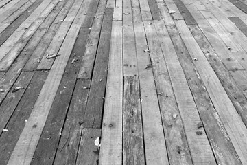 Wooden floor with fallen leaves in black and white