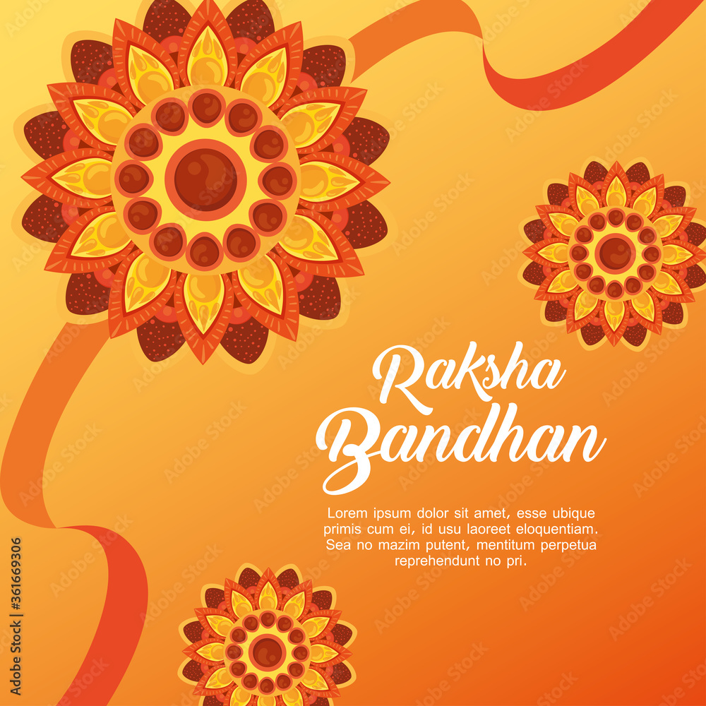 Poster greeting card with decorative set of rakhi for raksha bandhan, indian festival for brother and siste