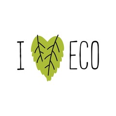 Lettering I love eco. With green leaves in the shape of a heart.
