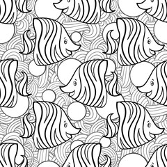 Funny tropical fishes black and white seamless pattern