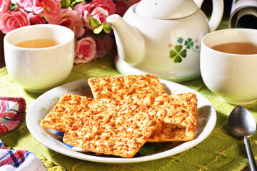 Baked corn cookies on wooden table    