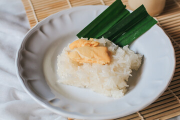 Thai sweet sticky rice with durian,glutinous rice eat with coconut milk durian creamy sauce is a delicious sweet thai food on table.One of most famous Thai dessert in summer