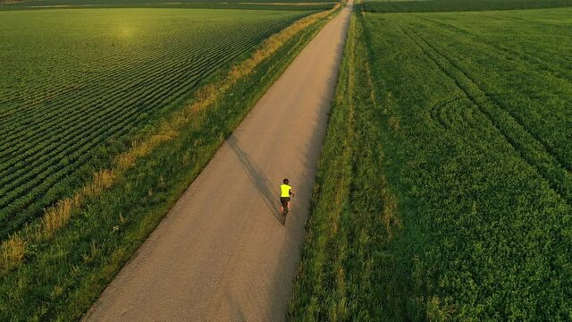 Cyclist is riding american countryside. Riding bike, touring, outdoor activities concept. Aerial view, drone following, tracking shot. Rural scenery, sunny morning, sunrise, summertime