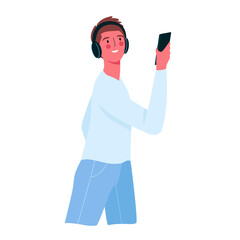 A happy man holding a phone. Man using a smartphone, listening to music through headphones. Person and gadget. Vector illustration in cartoon style