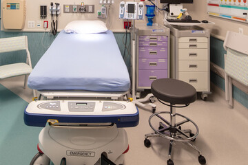medical equipment in emergency room in hospital ready to accept COVID-19 patients