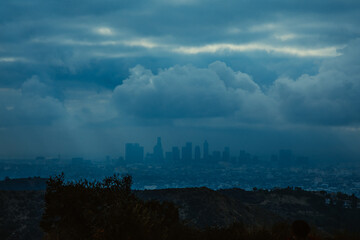 Skyline of Los Angeles on a rainy day from the Hollywood sign.