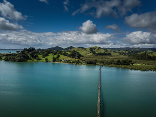 Fototapeta premium Wooden longest path bridge from drone, New Zealand