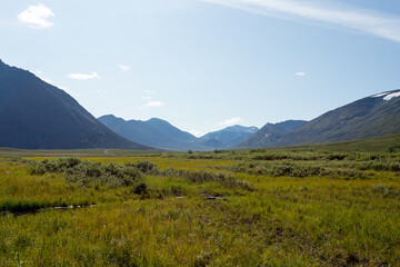 Mountain landscape, large panorama, Subpolar Urals. Beautiful landscape. The concept of outdoor activities and tourism.