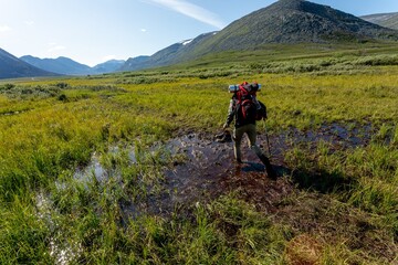 Fototapeta premium Mountain landscape, large panorama, Subpolar Urals. Beautiful landscape. The concept of outdoor activities and tourism.