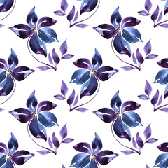 Fototapeta premium Seamless pattern watercolor hand-drawn blue abstract bud flower on white. Art creative nature background for card, wrapping, textile, wallpaper, florist