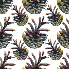 Watercolor seamless pattern with hand-drawn brown pine cones. Art creative nature background for card, wallpaper, textile, wrapping, florist