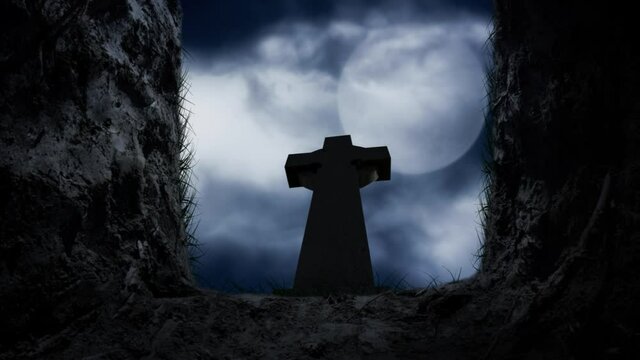 Inside Grave View of Headstone and Full Moon 4K Loop features a view from inside an open grave of a sky with a full moon and Celtic cross headstone in a loop