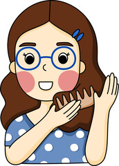 The woman who wears the blue glasses is setting her hair style with the comb.