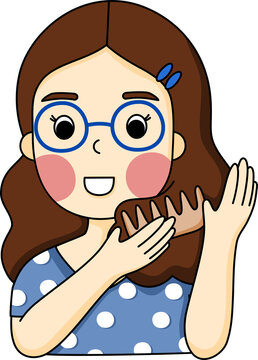 girl combing hair, blue dress, glasses clip art preview