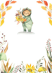 Watercolor hand painted frame with cute Teddy Bears in autumn clothes, autumn bright leaves, mushrooms, umbrellas.