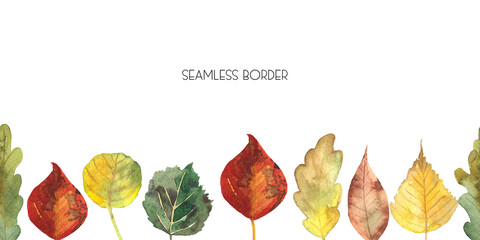 Watercolor hand painted seamless border with autumn bright leaves