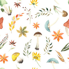 Watercolor hand painted seamless patterns with autumn bright leaves, branches, mushrooms, flowers.