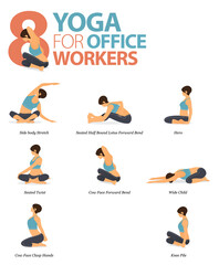 Fototapeta na wymiar 8 Yoga poses for workout in office worker concept. Woman exercising for body stretching. Yoga posture or asana for fitness infographic. Flat cartoon vector.