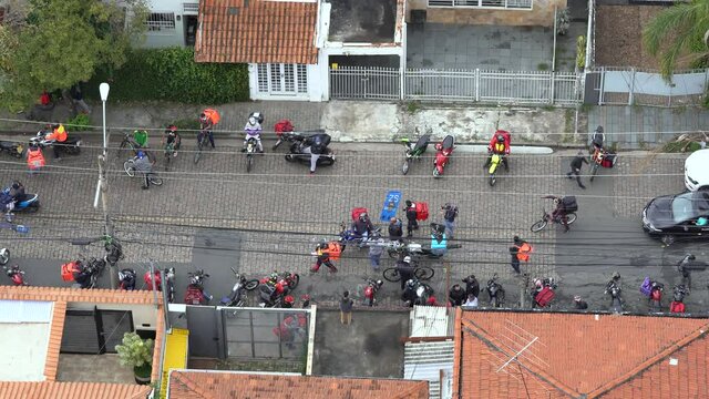 Moto boy strike.  Manifestation. App delivery motorcyclists, moto boys from Rappi, and other demonstrations in Sao Paulo city, Brazil.  Sao Paulo, Brazil. 