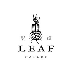 abstract vintage logo design illustration, leaf or leaves plant, root and shape with grunge effect, editable premium vector