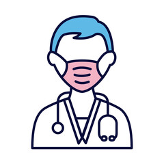 Fototapeta premium male doctor wearing medical mask with stethoscope line and fill style icon