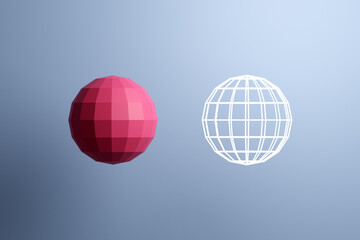 3d illustration of a pink ball, consisting of a large number of polygons and next to a transparent ball shape with from white lines. 
