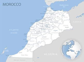 Blue-gray detailed map of Morocco administrative divisions and location on the globe.