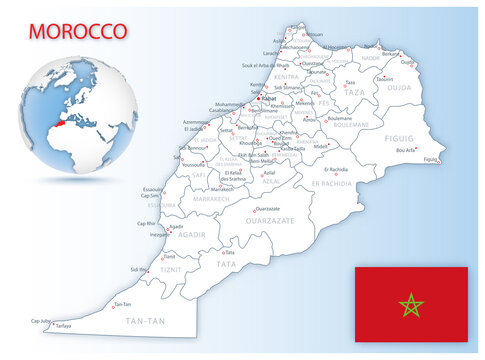 Detailed Morocco administrative map with country flag and location on a blue globe.