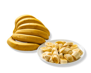 bunch of isolated and sliced ​​bananas on plate on white background.