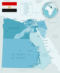 Obraz premium Blue-green detailed map of Egypt administrative divisions with country flag and location on the globe.