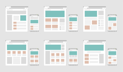 Web pages wireframe layout illustration set / Web design template for PC browser , smartphone.