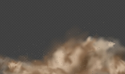Dust explosion, sandstorm, powder burs on transparent background. Desert wind with cloud of dust and sand. Realistic pouder of desert and stone vector illustration.