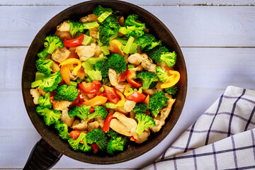 Healthy stir-fried chicken, broccoli and bell peppers.