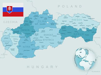 Blue-green detailed map of Slovakia administrative divisions with country flag and location on the globe.