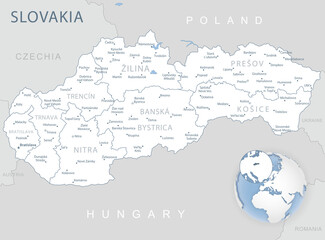 Blue-gray detailed map of Slovakia administrative divisions and location on the globe.