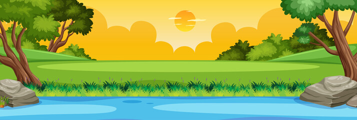 Horizon nature scene or landscape countryside with forest riverside view and yellow sunset sky view