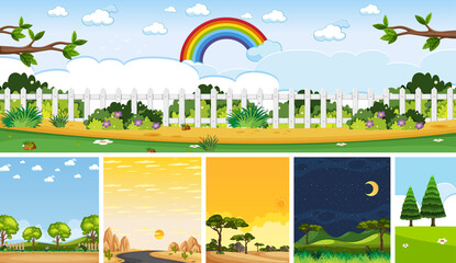 Fototapeta premium Set of different nature place scene in vertical and horizon scenes at daytime and night