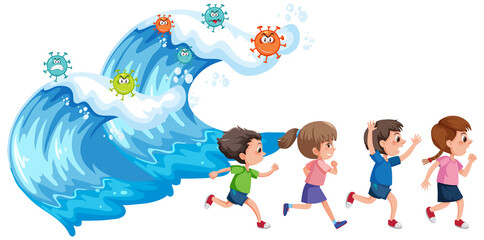 Four kids running away from ocean wave with coronavirus icon