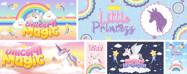 Cute unicorn banner on pastel background color