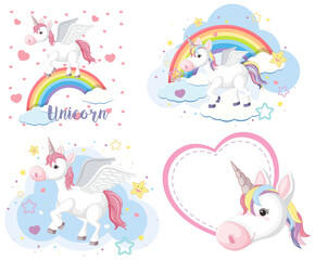 Set of cute unicorn or pegasus in pastel color isoalted