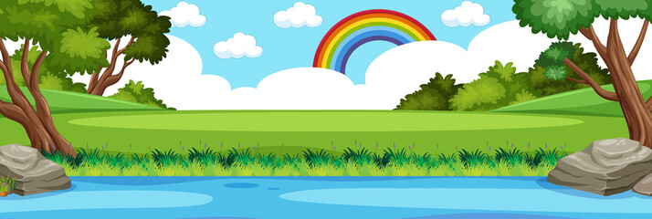 Horizon nature scene or landscape countryside with forest view and rainbow in blank sky at daytime