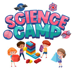 Science camp logo with children with education objects isolated