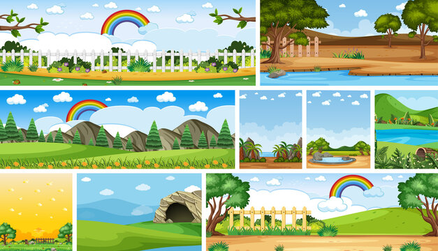 Set of different nature place scene in vertical and horizon scenes at daytime