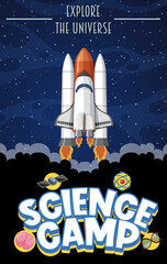 Science camp logo with explore the universe text and space objects