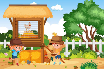 Farm scene with boy and girl working on the farm